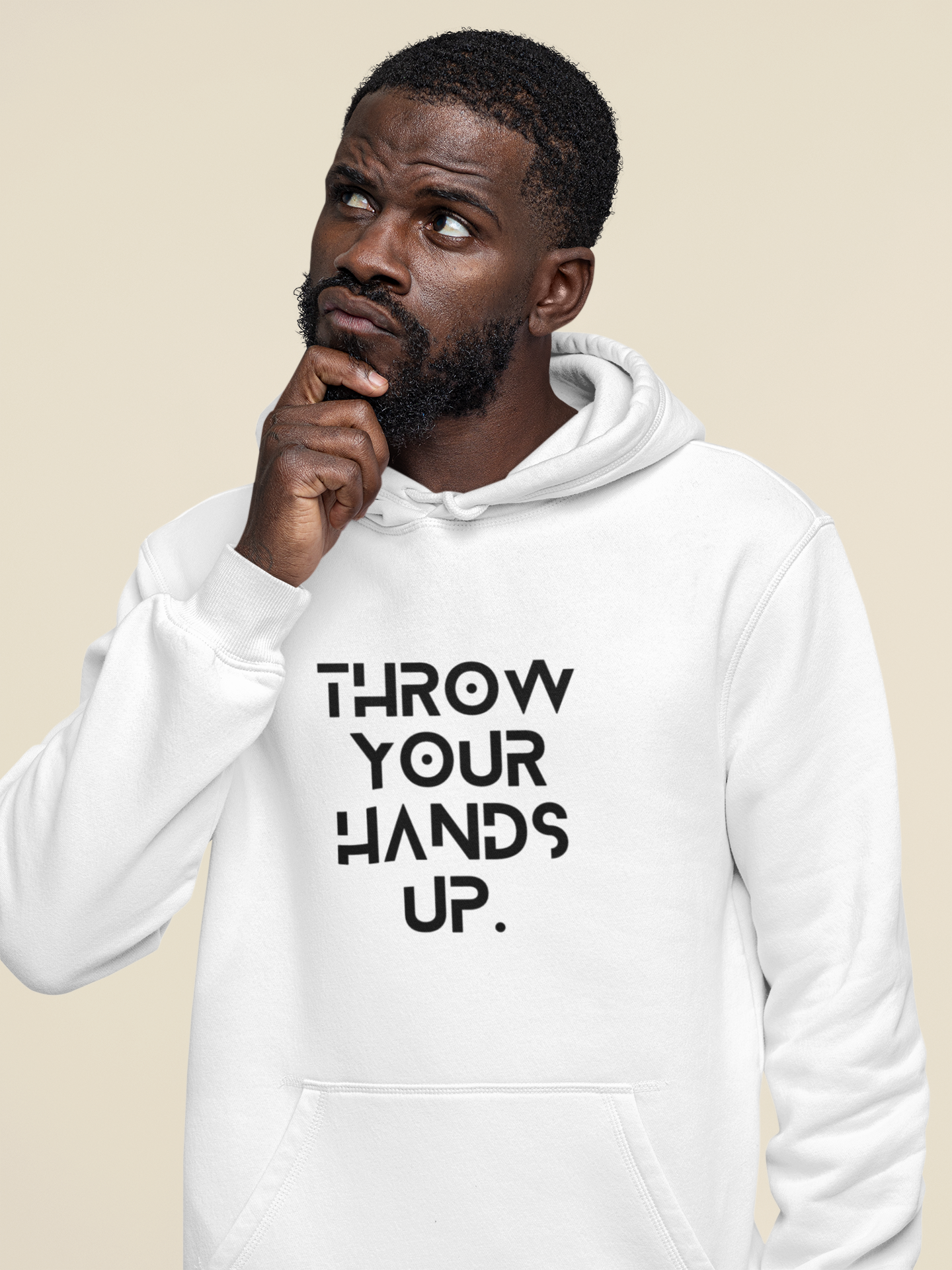 "THROW YOUR HANDS UP" White Hoodie - Unisex